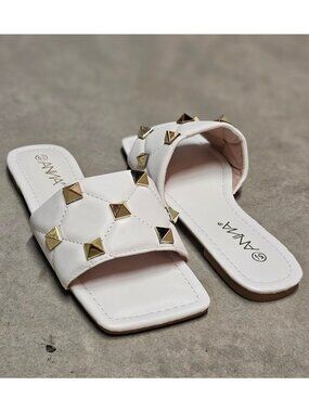 White Studded Slide Sandals With Quilted Strap Design Square Toe Womens